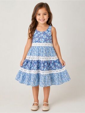 Joie Girls Blue Floral Lace-Trim Tiered Dress - Size 5T